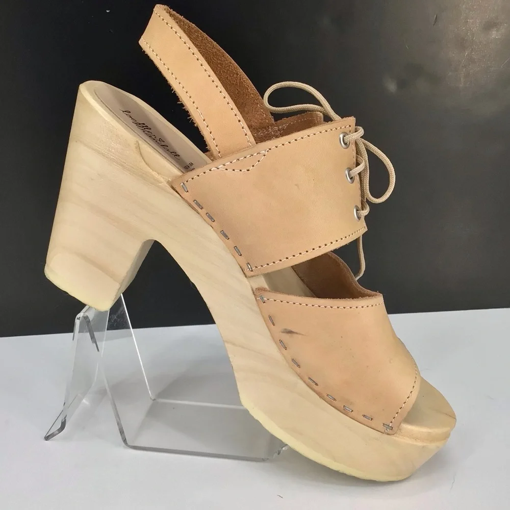 Loeffler Randall Beige Leather Open Toe Block Heel Clog Sandals Size 39 US 8.5